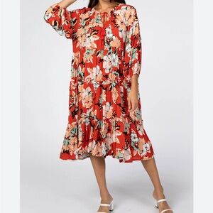 NWT EASEL RED FLORAL DESIGN MIDI TIERED oversized DRESS SMALL COMFY FLOWY NEW